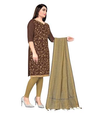 Brown Chanderi Cotton Embroidered Unstitched Dress Material 4
