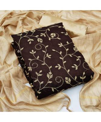 Brown Chanderi Cotton Embroidered Unstitched Dress Material 5