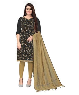 Black Chanderi Cotton Embroidered Unstitched Dress Material 1