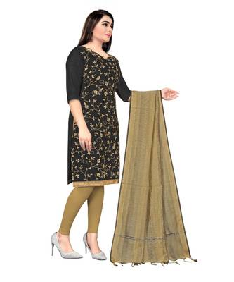 Black Chanderi Cotton Embroidered Unstitched Dress Material 3