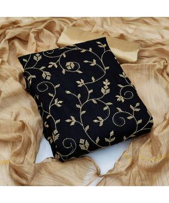 Black Chanderi Cotton Embroidered Unstitched Dress Material 5