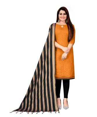 Orange Chanderi Cotton Embroidered Unstitched Dress Material 1