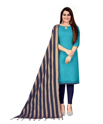 Sky Blue Chanderi Cotton Embroidered Unstitched Dress Material 1