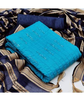 Sky Blue Chanderi Cotton Embroidered Unstitched Dress Material 5