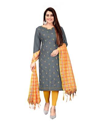 Grey Slub Cotton Embroidered Unstitched Dress Material 1