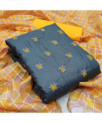 Grey Slub Cotton Embroidered Unstitched Dress Material 5