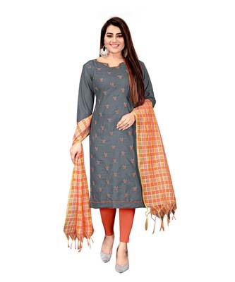 Grey Slub Cotton Embroidered Unstitched Dress Material 1