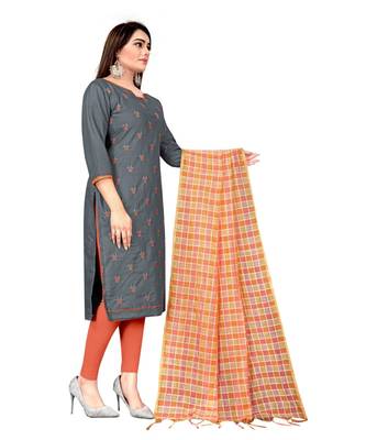 Grey Slub Cotton Embroidered Unstitched Dress Material 4