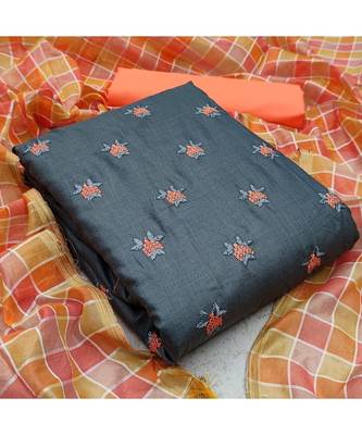Grey Slub Cotton Embroidered Unstitched Dress Material 5