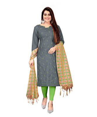 Grey Slub Cotton Embroidered Unstitched Dress Material 1