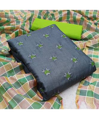 Grey Slub Cotton Embroidered Unstitched Dress Material 5