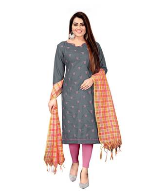 Grey Slub Cotton Embroidered Unstitched Dress Material 1