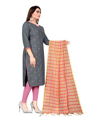 Grey Slub Cotton Embroidered Unstitched Dress Material 4