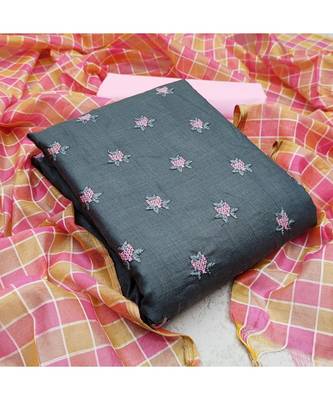 Grey Slub Cotton Embroidered Unstitched Dress Material 5