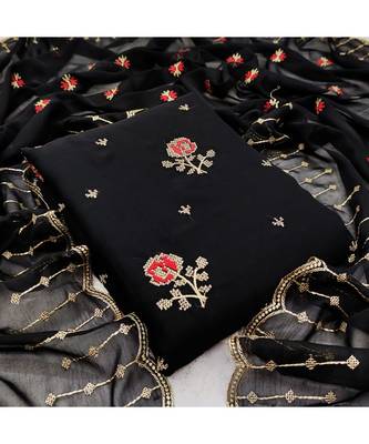 Black Georgette Embroidered Unstitched Dress Material 5