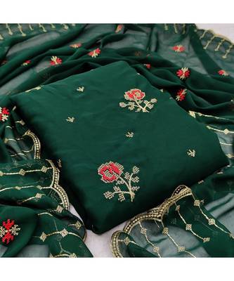Green Georgette Embroidered Unstitched Dress Material 5