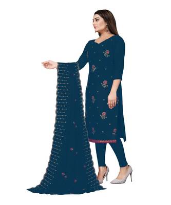 Blue Georgette Embroidered Unstitched Dress Material 3