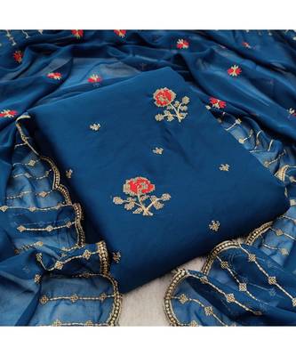 Blue Georgette Embroidered Unstitched Dress Material 5