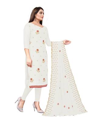 White Georgette Embroidered Unstitched Dress Material 2