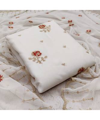 White Georgette Embroidered Unstitched Dress Material 5