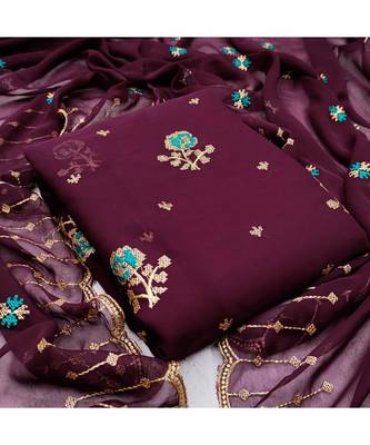 Purple Georgette Embroidered Unstitched Dress Material 5