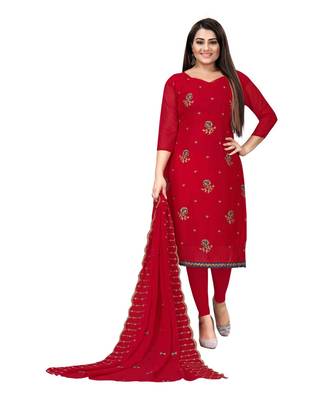 Red Georgette Embroidered Unstitched Dress Material 1