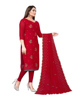 Red Georgette Embroidered Unstitched Dress Material 2