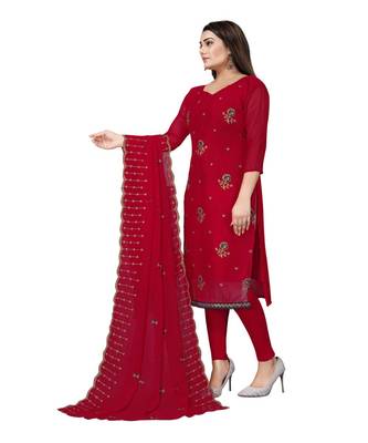 Red Georgette Embroidered Unstitched Dress Material 3