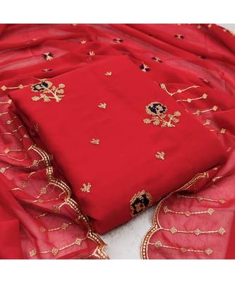 Red Georgette Embroidered Unstitched Dress Material 5