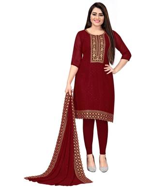 Maroon Georgette Embroidered Unstitched Dress Material 1