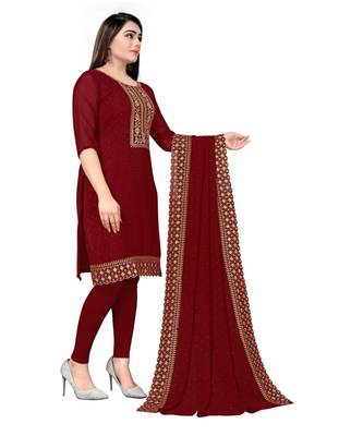 Maroon Georgette Embroidered Unstitched Dress Material 4