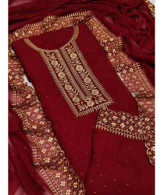 Maroon Georgette Embroidered Unstitched Dress Material 5