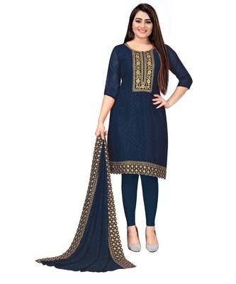 Blue Georgette Embroidered Unstitched Dress Material 1