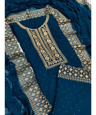 Blue Georgette Embroidered Unstitched Dress Material 5