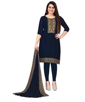 Navy Blue Georgette Embroidered Unstitched Dress Material 1