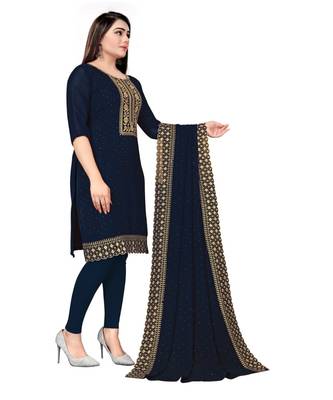Navy Blue Georgette Embroidered Unstitched Dress Material 4