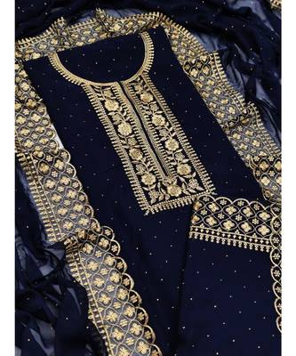 Navy Blue Georgette Embroidered Unstitched Dress Material 5