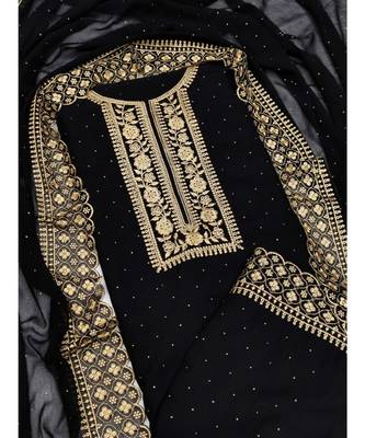 Black Georgette Embroidered Unstitched Dress Material 5