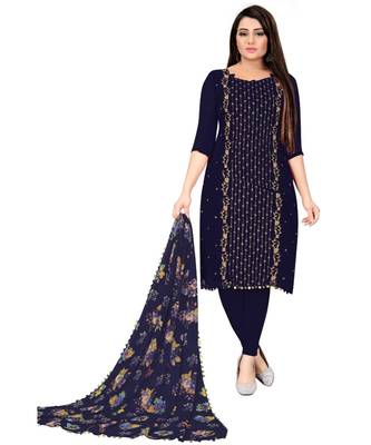 Navy Blue Georgette Embroidered Unstitched Dress Material 1