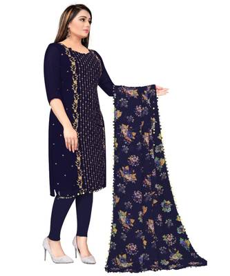 Navy Blue Georgette Embroidered Unstitched Dress Material 2