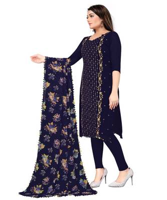 Navy Blue Georgette Embroidered Unstitched Dress Material 3