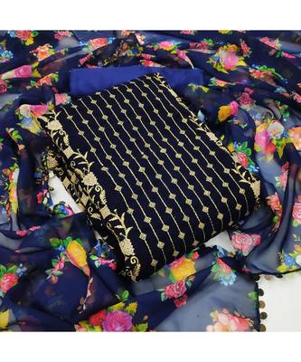 Navy Blue Georgette Embroidered Unstitched Dress Material 5