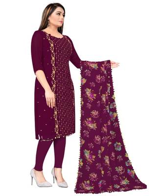 Purple Georgette Embroidered Unstitched Dress Material 2