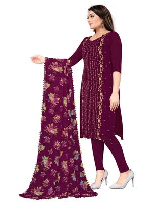 Purple Georgette Embroidered Unstitched Dress Material 3
