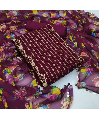 Purple Georgette Embroidered Unstitched Dress Material 5