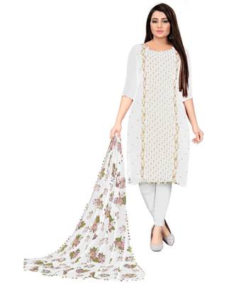 White Georgette Embroidered Unstitched Dress Material 1