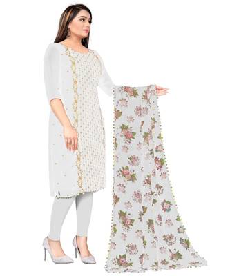 White Georgette Embroidered Unstitched Dress Material 2
