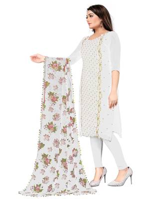 White Georgette Embroidered Unstitched Dress Material 3