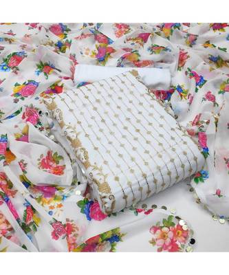 White Georgette Embroidered Unstitched Dress Material 5