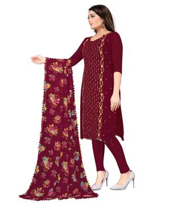 Maroon Georgette Embroidered Unstitched Dress Material 2